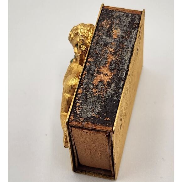 1930s Cherub Matchbox Holder Gold Gilt Blue Enamel Flowers Rhinestone Eyes - Picture 8 of 9
